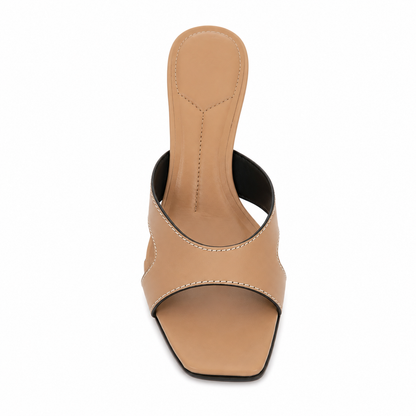 Sandalo Mule Donna Beige con Impunture a Contrasto e Tacco Sottile