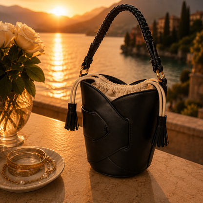 Borsa Secchiello Donna con Nappine – Beige, Nero, Bianco e Rosa