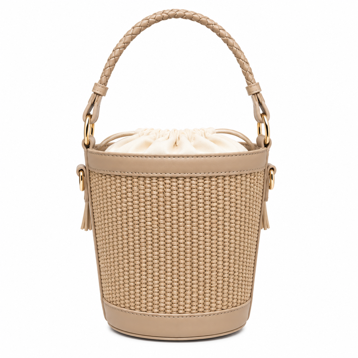Borsa Secchiello Effetto Rafia con Manico Intrecciato – Beige, Camel e Marrone