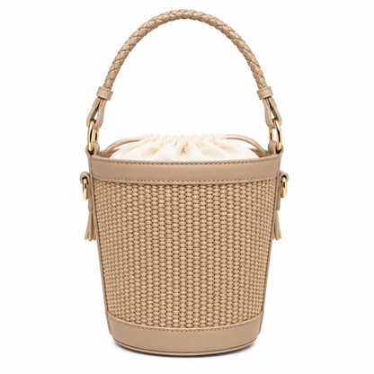 Borsa Secchiello Effetto Rafia con Manico Intrecciato – Beige, Camel e Marrone