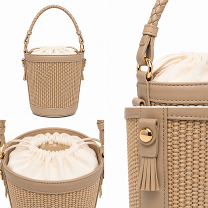 Borsa Secchiello Effetto Rafia con Manico Intrecciato – Beige, Camel e Marrone