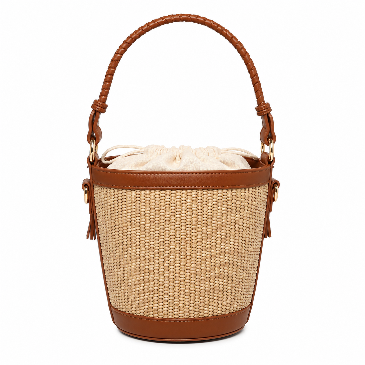 Borsa Secchiello Effetto Rafia con Manico Intrecciato – Beige, Camel e Marrone