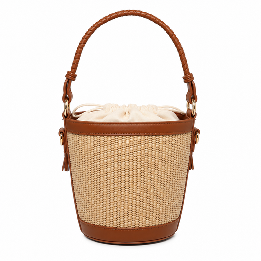 Borsa Secchiello Effetto Rafia con Manico Intrecciato – Beige, Camel e Marrone