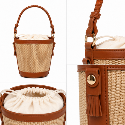 Borsa Secchiello Effetto Rafia con Manico Intrecciato – Beige, Camel e Marrone