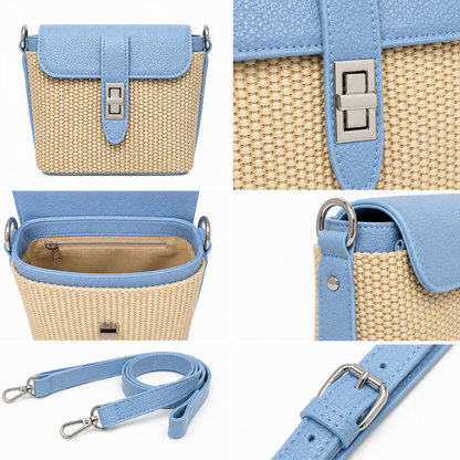 Borsa Tracolla Effetto Rafia con Chiusura Gioiello – Azzurro, Camel, Rosso e Rosa