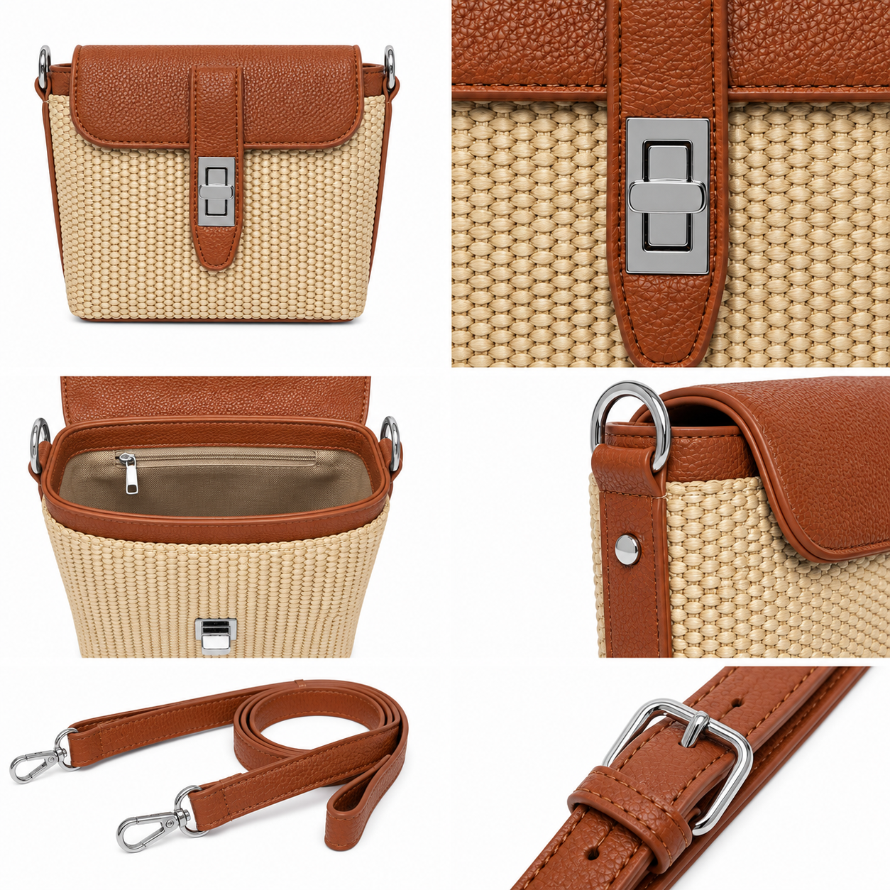 Borsa Tracolla Effetto Rafia con Chiusura Gioiello – Azzurro, Camel, Rosso e Rosa