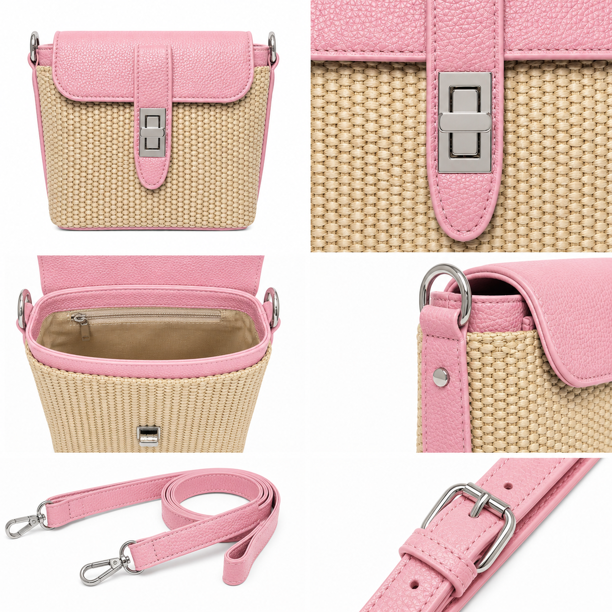 Borsa Tracolla Effetto Rafia con Chiusura Gioiello – Azzurro, Camel, Rosso e Rosa