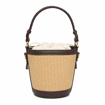 Borsa Secchiello Effetto Rafia con Manico Intrecciato – Beige, Camel e Marrone