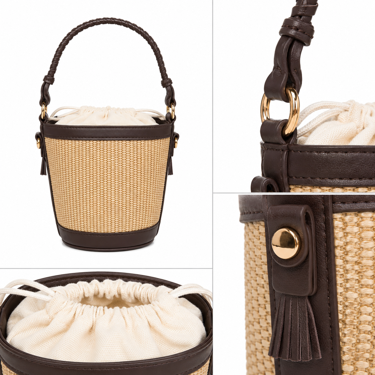 Borsa Secchiello Effetto Rafia con Manico Intrecciato – Beige, Camel e Marrone