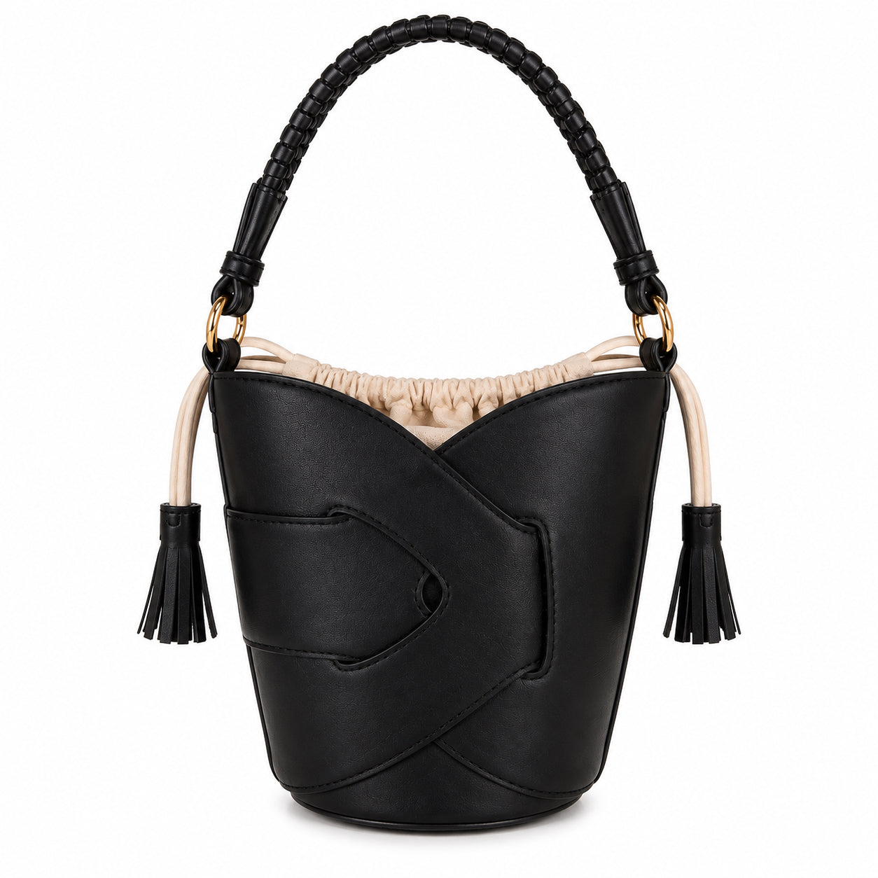 Borsa Secchiello Donna con Nappine – Beige, Nero, Bianco e Rosa