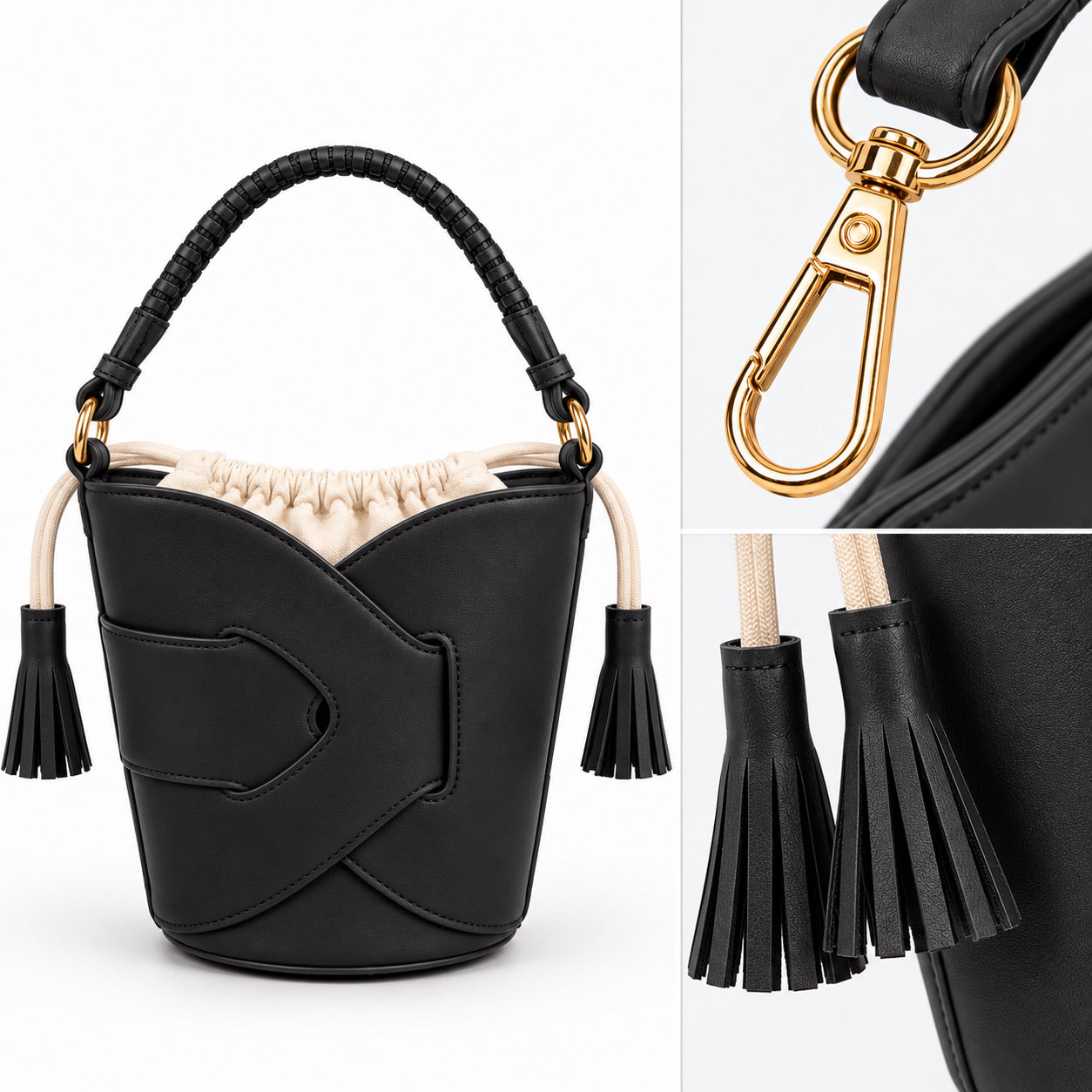 Borsa Secchiello Donna con Nappine – Beige, Nero, Bianco e Rosa