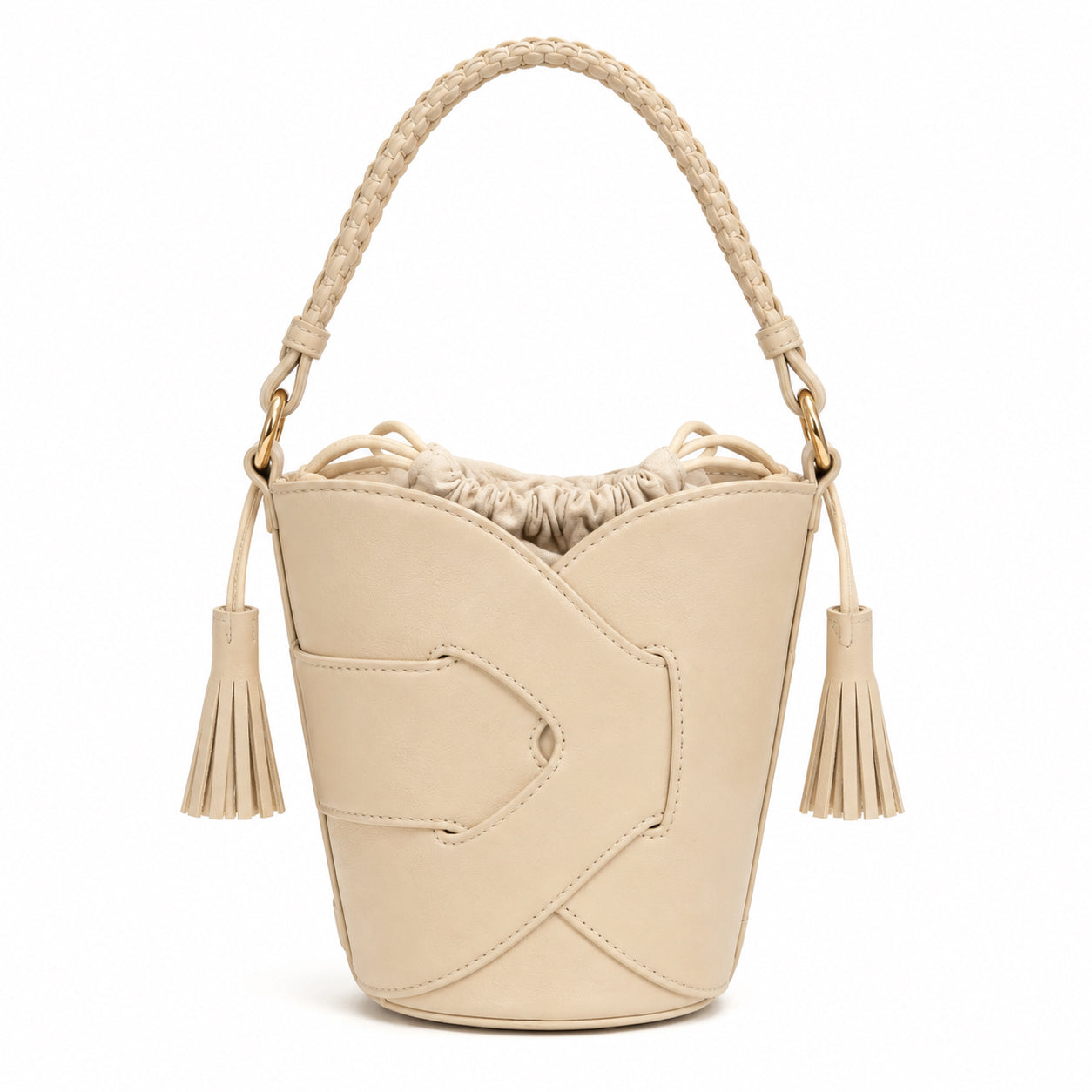Borsa Secchiello Donna con Nappine – Beige, Nero, Bianco e Rosa