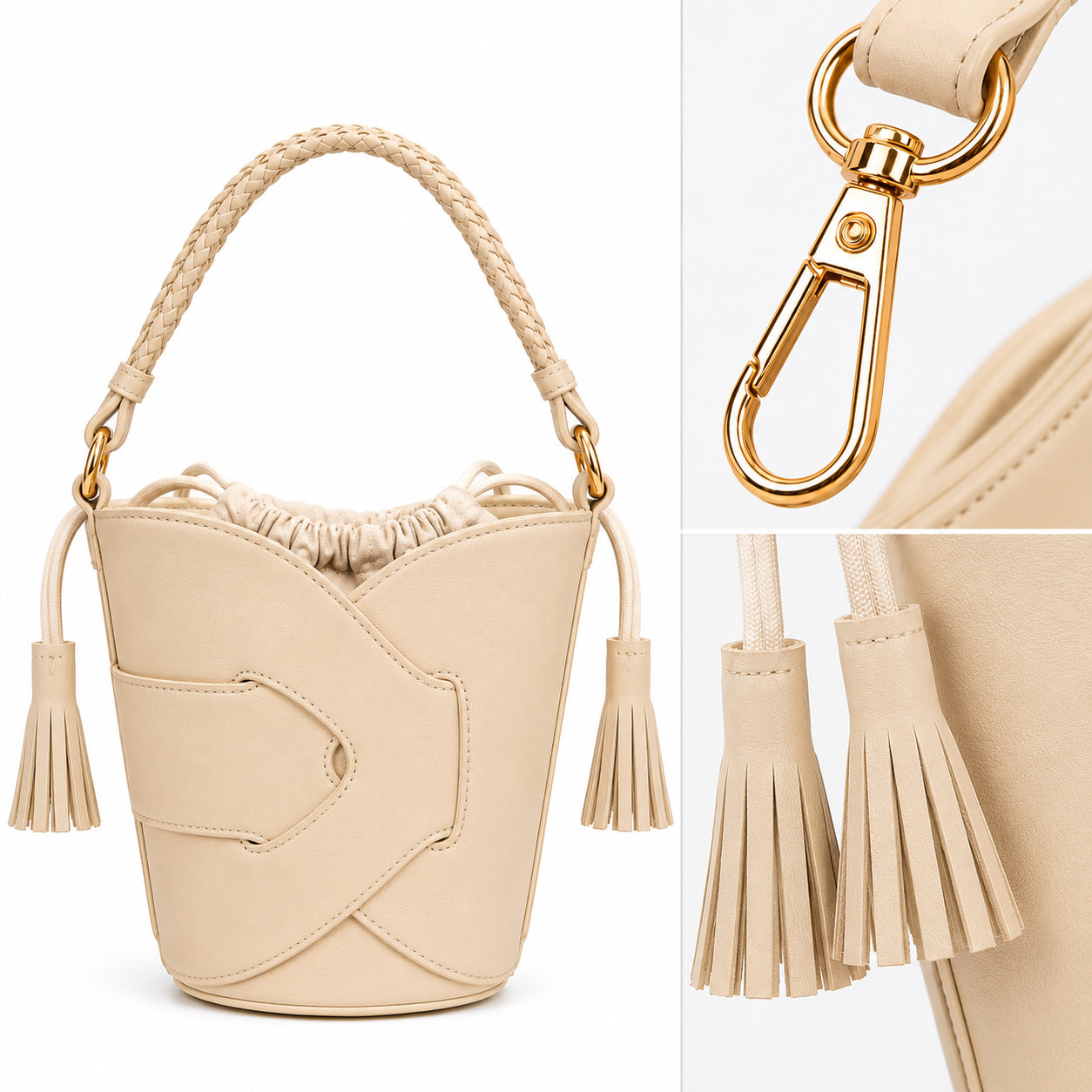 Borsa Secchiello Donna con Nappine – Beige, Nero, Bianco e Rosa