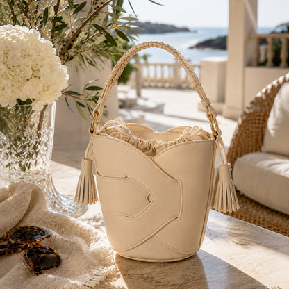 Borsa Secchiello Donna con Nappine – Beige, Nero, Bianco e Rosa