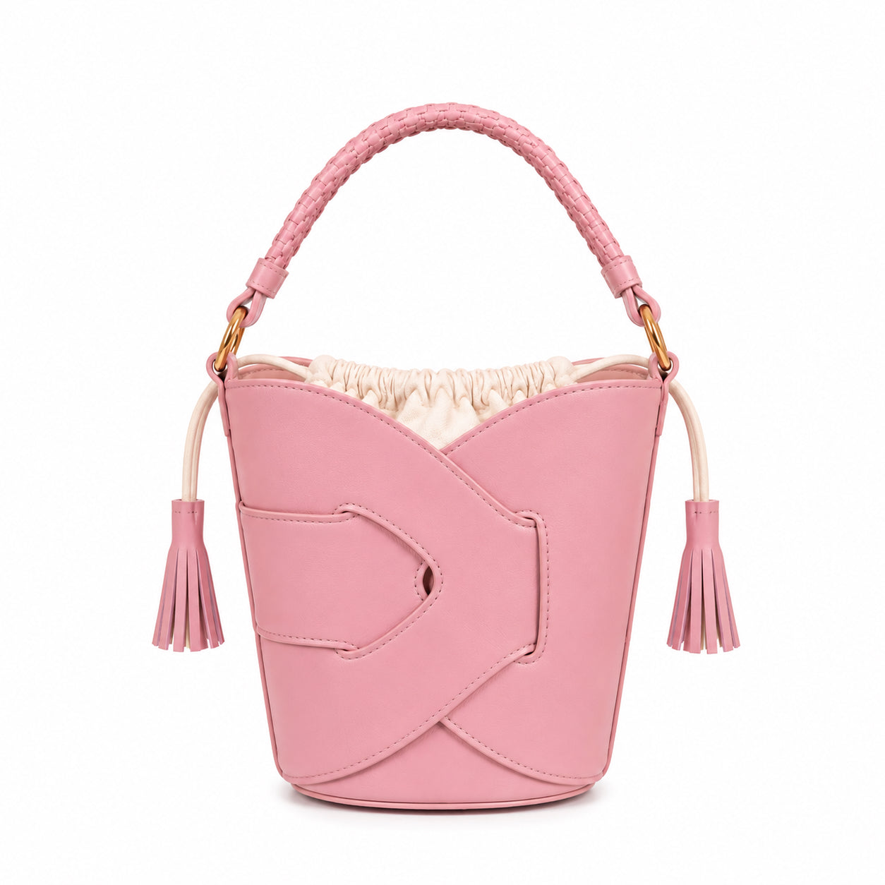 Borsa Secchiello Donna con Nappine – Beige, Nero, Bianco e Rosa