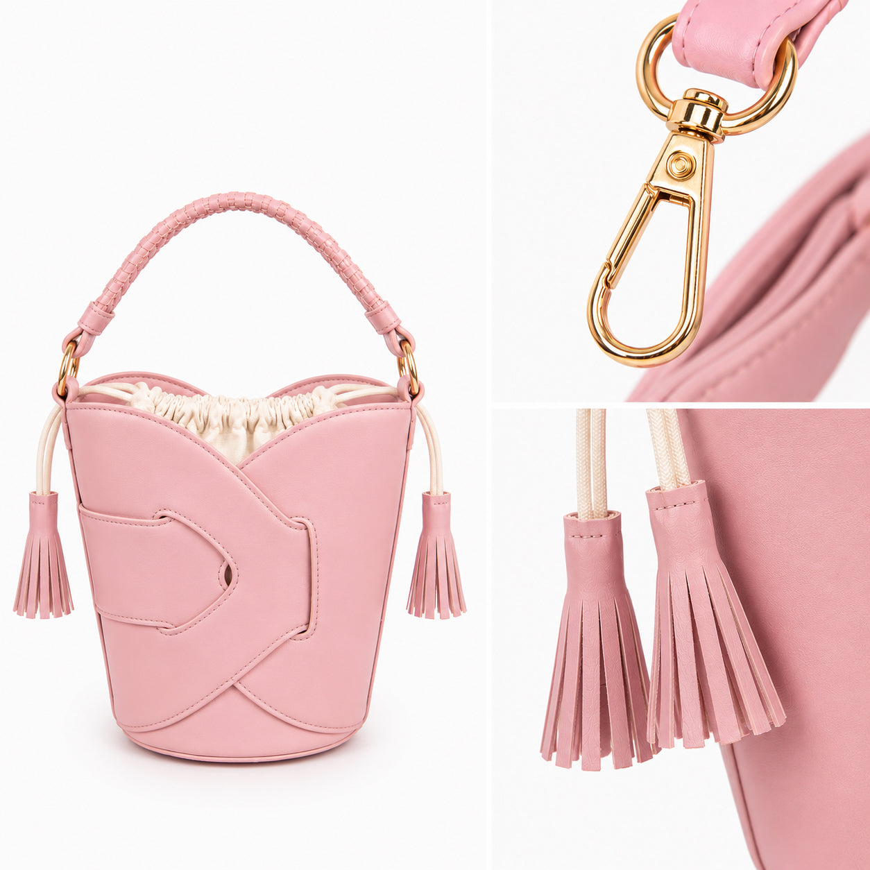 Borsa Secchiello Donna con Nappine – Beige, Nero, Bianco e Rosa