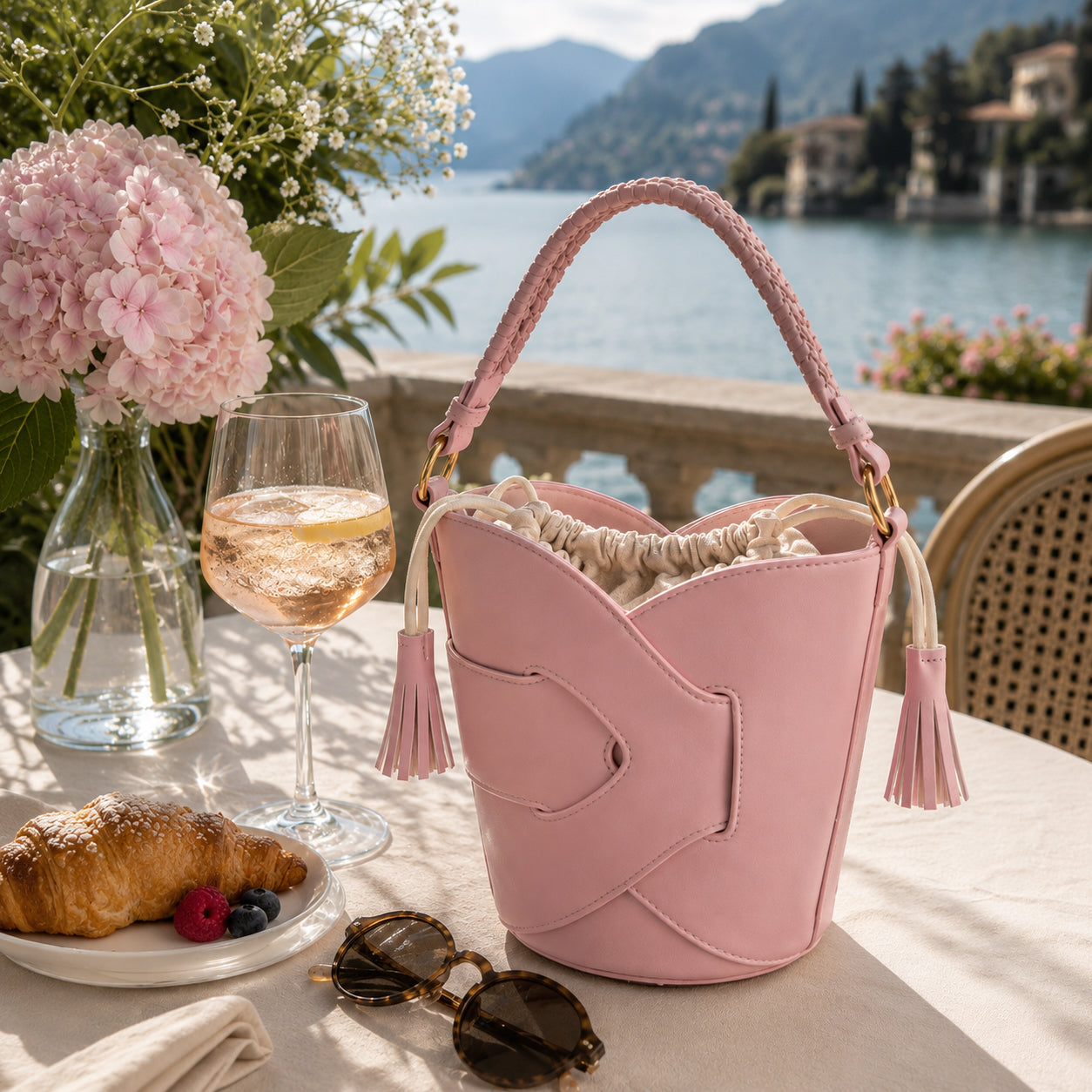 Borsa Secchiello Donna con Nappine – Beige, Nero, Bianco e Rosa