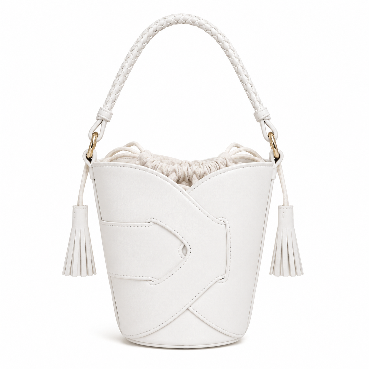 Borsa Secchiello Donna con Nappine – Beige, Nero, Bianco e Rosa