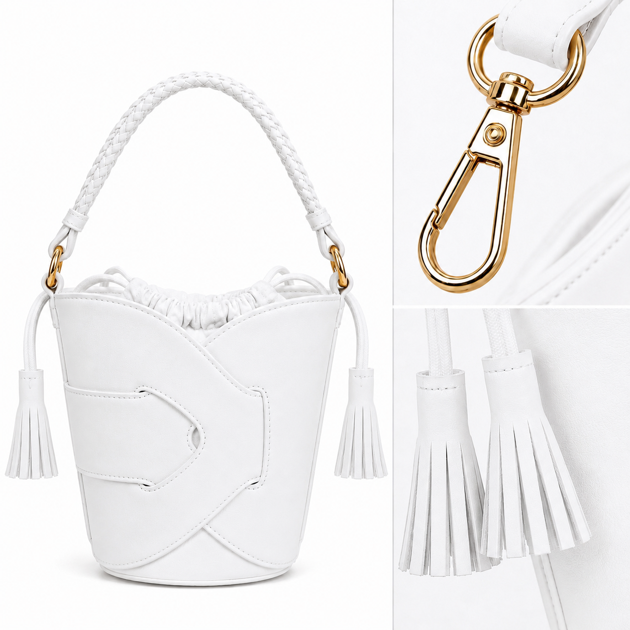Borsa Secchiello Donna con Nappine – Beige, Nero, Bianco e Rosa