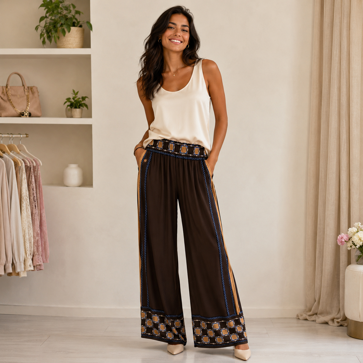 Pantalone Palazzo Marrone Stampa Foulard