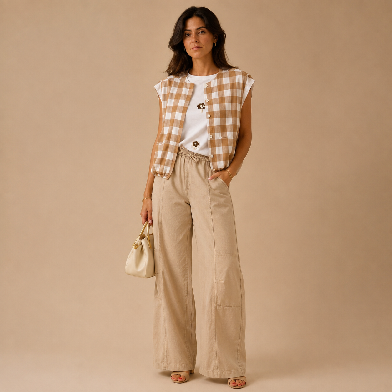 Gilet a Quadri con Tasche – Camel