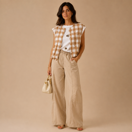 Pantalone Wide Leg Beige con Tasche
