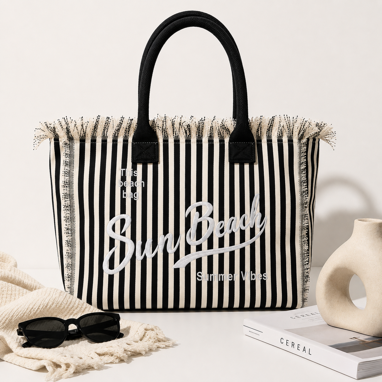 Borsa Mare Sun Beach a Righe con Frange – Maxi Shopper Estate