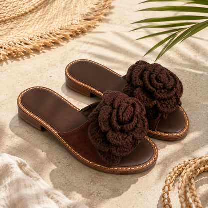 Ciabatta Donna con Maxi Fiore Crochet – Marrone e Giallo Senape
