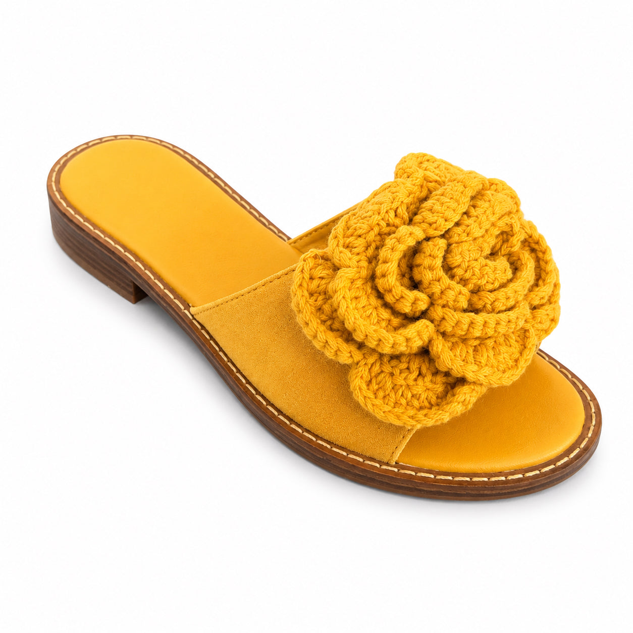 Ciabatta Donna con Maxi Fiore Crochet – Marrone e Giallo Senape