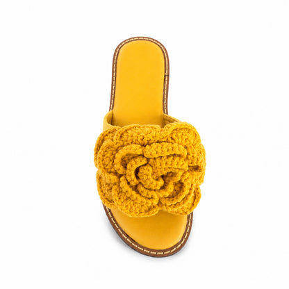 Ciabatta Donna con Maxi Fiore Crochet – Marrone e Giallo Senape