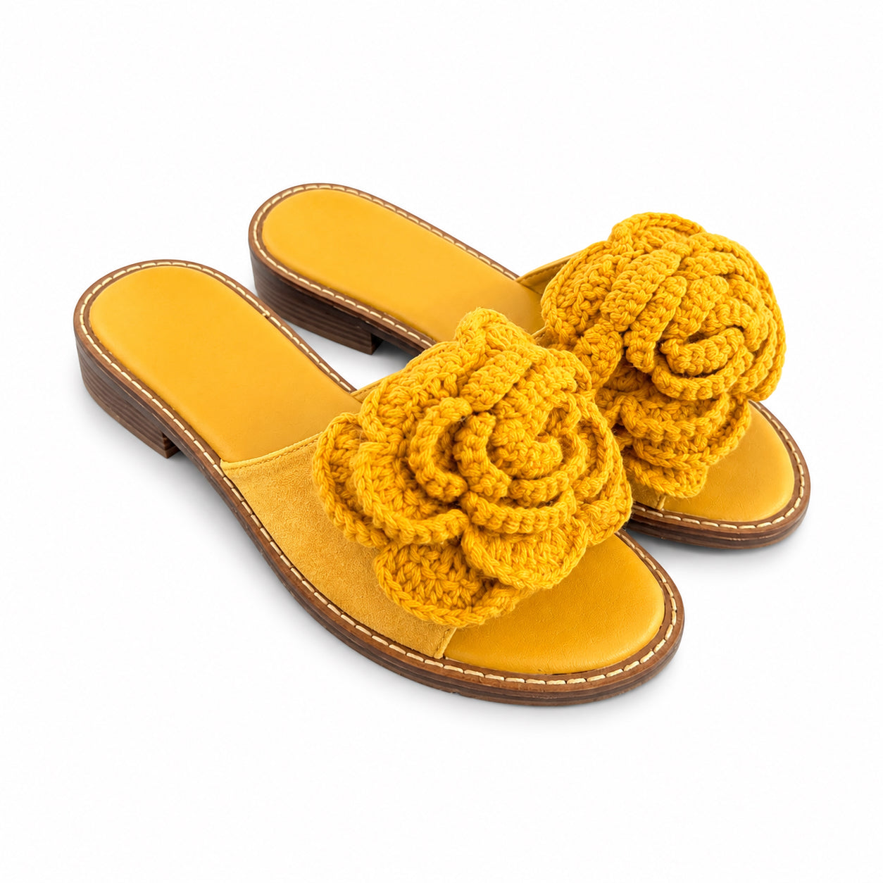 Ciabatta Donna con Maxi Fiore Crochet – Marrone e Giallo Senape