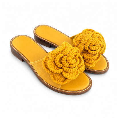 Ciabatta Donna con Maxi Fiore Crochet – Marrone e Giallo Senape