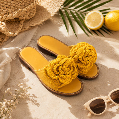 Ciabatta Donna con Maxi Fiore Crochet – Marrone e Giallo Senape