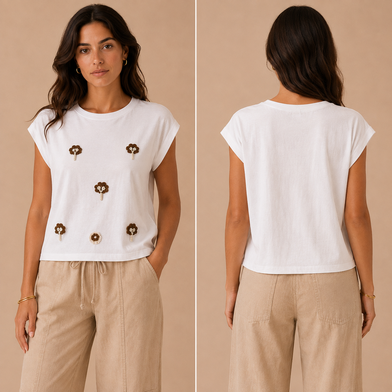 T-Shirt Bianca con Fiori Crochet Applicati